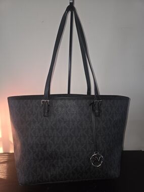 Michael Kors Black MK Signature Tote with Silver Charm